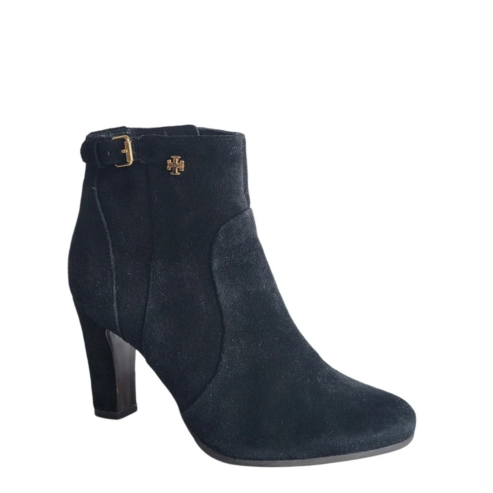Tory Burch Milan Black Suede Ankle Boots Gold Hardware Block Heel 7 31138372